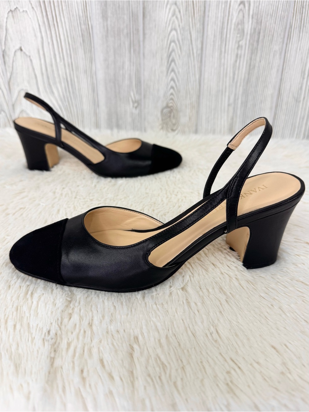 Ivanka Trump Liah Black Slingback Block Heel Pumps 6 Leather Suede Closed Toe